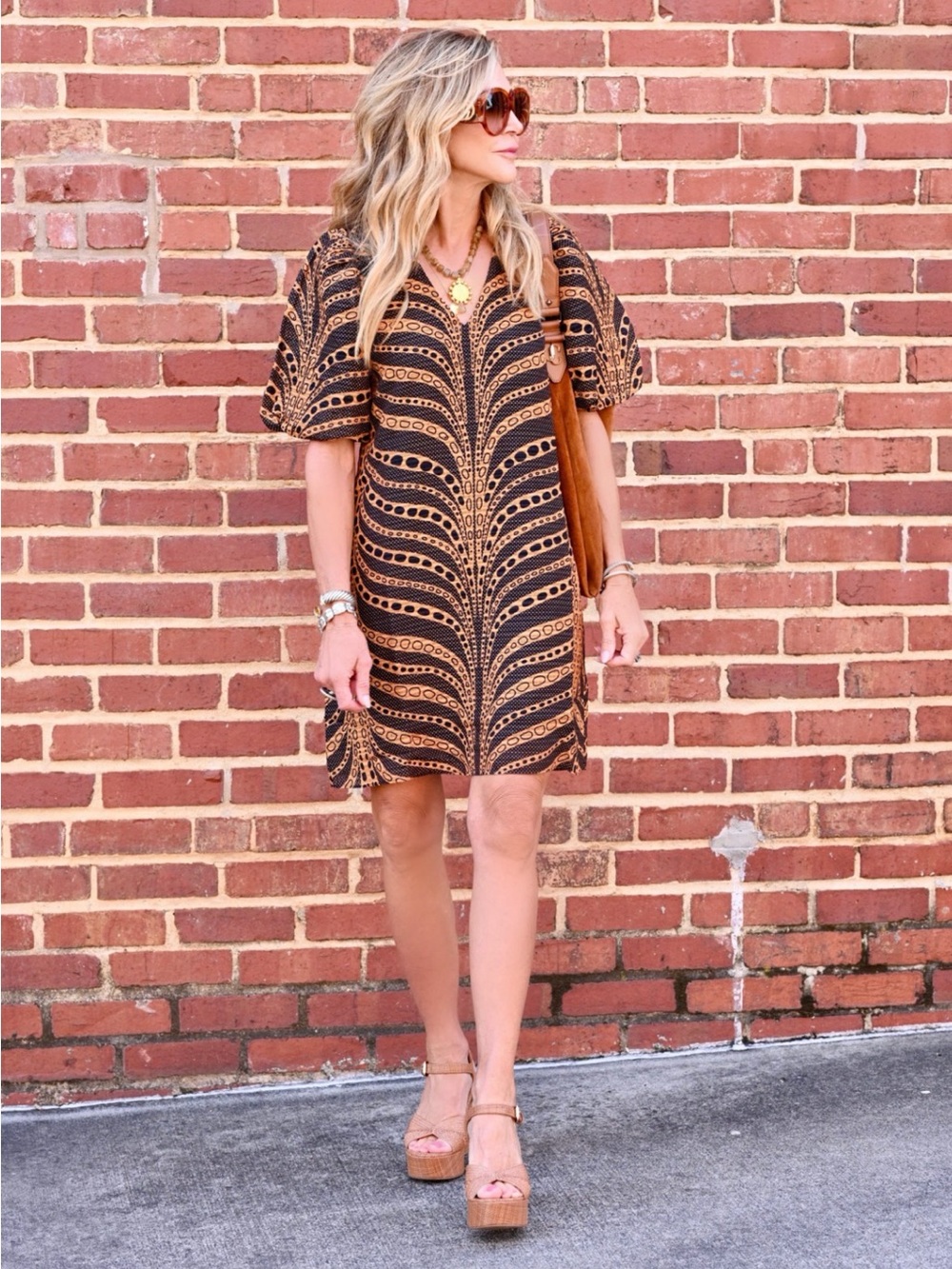 Marie Oliver Brown Chevron Short Puff Sleeve Shift Dress